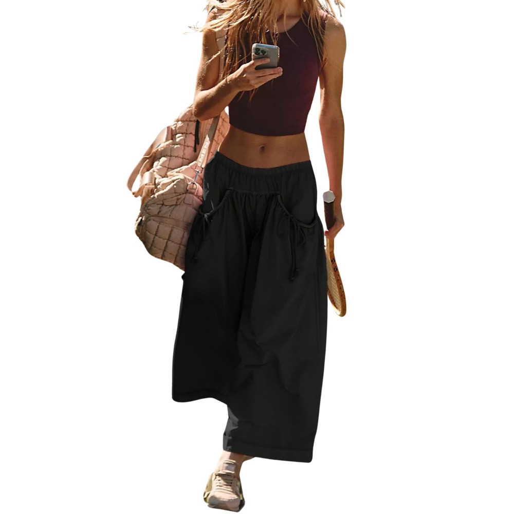 Women's Summer Beach Streetwear Track Loose Wide Leg Flare Pants - Casual Elastic High Waisted Drawstring Cargo Trousers with Large Pockets for Vacation, Street Style & Daily Wear Capri Hiking Pants