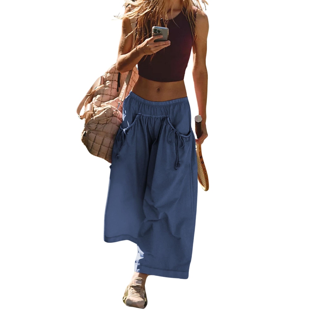 Women's Summer Beach Streetwear Track Loose Wide Leg Flare Pants - Casual Elastic High Waisted Drawstring Cargo Trousers with Large Pockets for Vacation, Street Style & Daily Wear Capri Hiking Pants