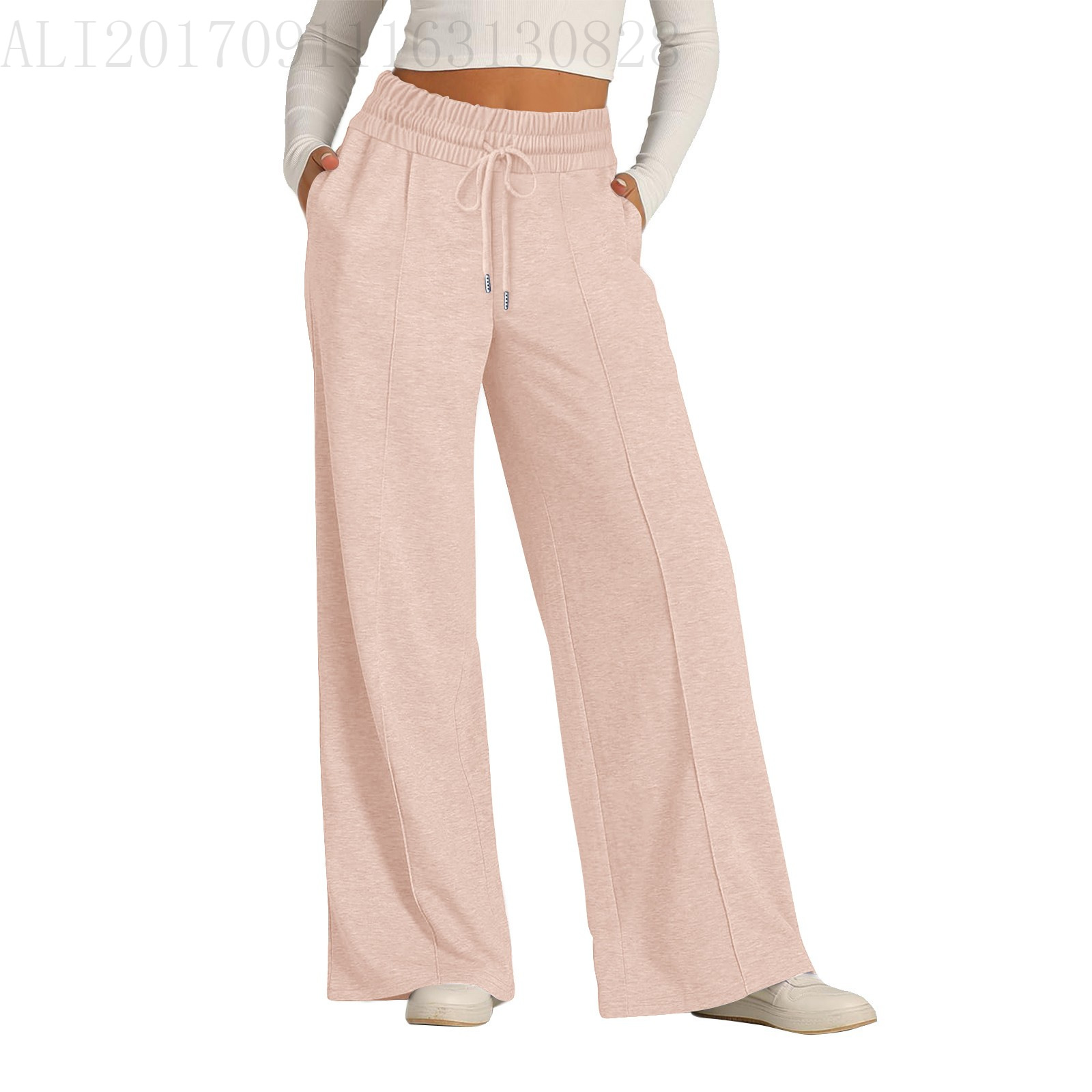 Women's Solid Color Drawstring Waist Stylish Wide-Leg Casual Long Trousers