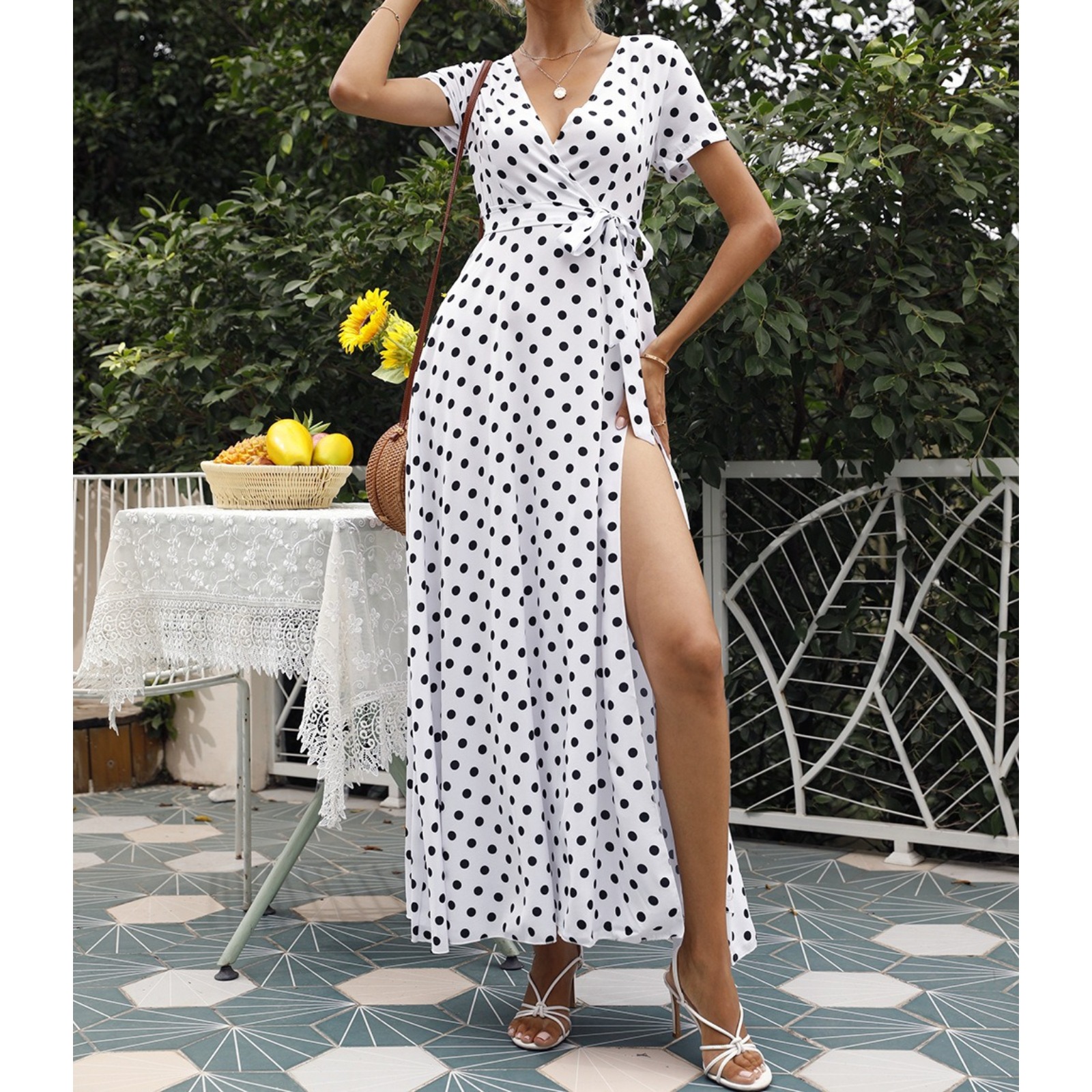 Women's Polka Dot V-Neck Dress Short Sleeve Tie Waist High Slit Midi Dress Lightweight Summer Casual Sundress