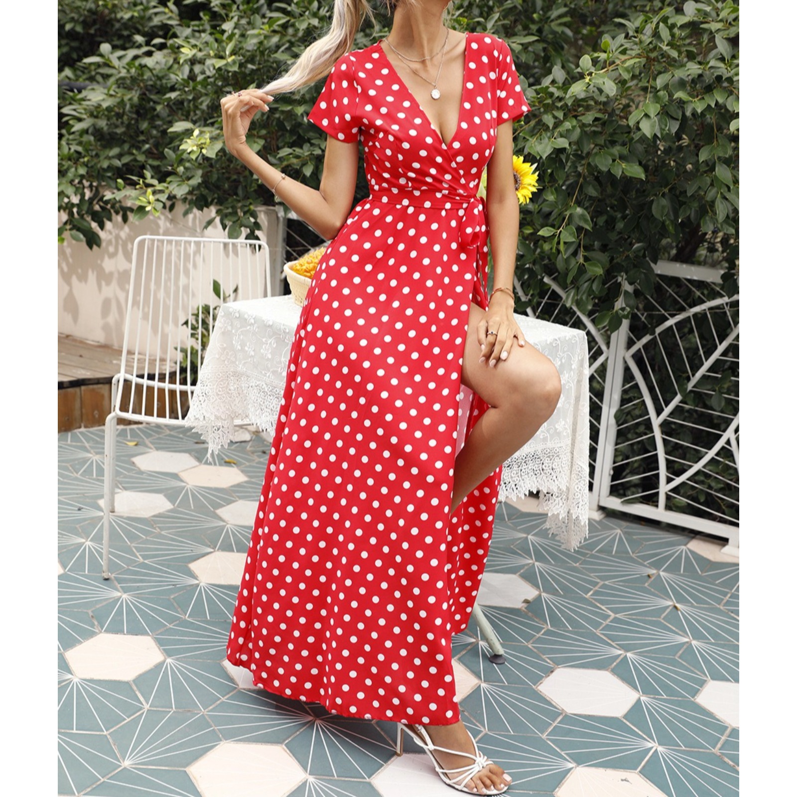 欧美女装外贸欧洲站夏季收腰短袖波点开叉连衣裙