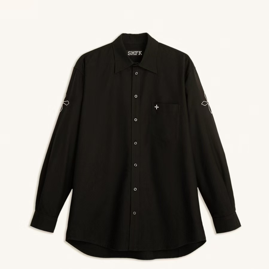 Women's Solid Color Loose Minimalist Blouse with Cross-Stitch Embroidery Chic Relaxed-Fit Shirt