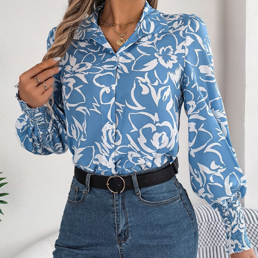 优雅撞色花朵印花灯笼袖翻领衬衫女装