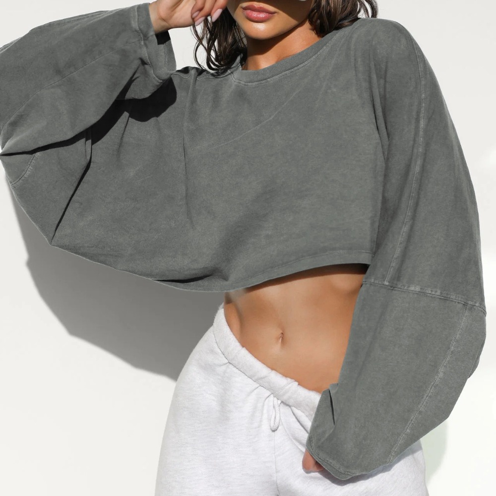 露脐圆领卫衣女装短款运动打底衫T恤长袖上衣