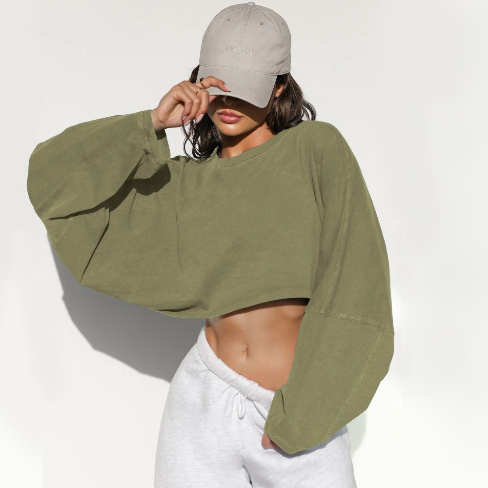 Women's Cropped Crewneck Short-Style Athletic Base Layer Long Sleeve T-Shirt Top