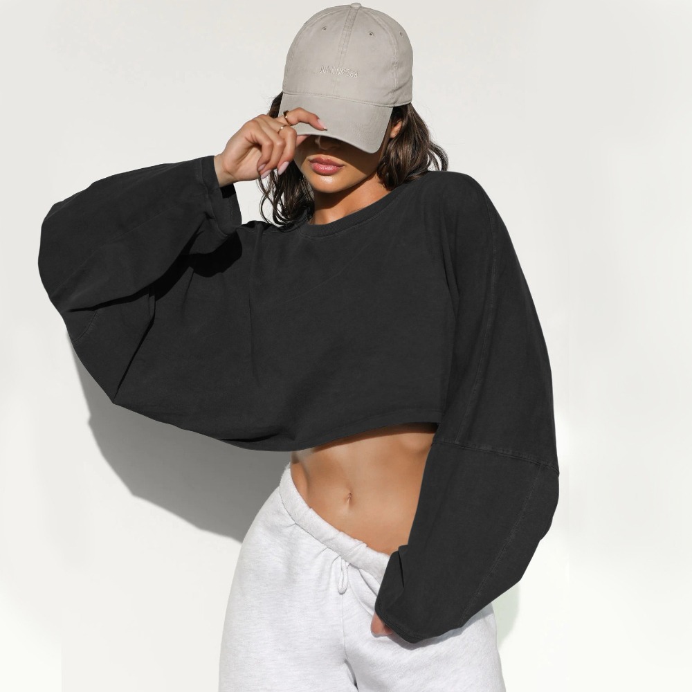 Women's Cropped Crewneck Short-Style Athletic Base Layer Long Sleeve T-Shirt Top