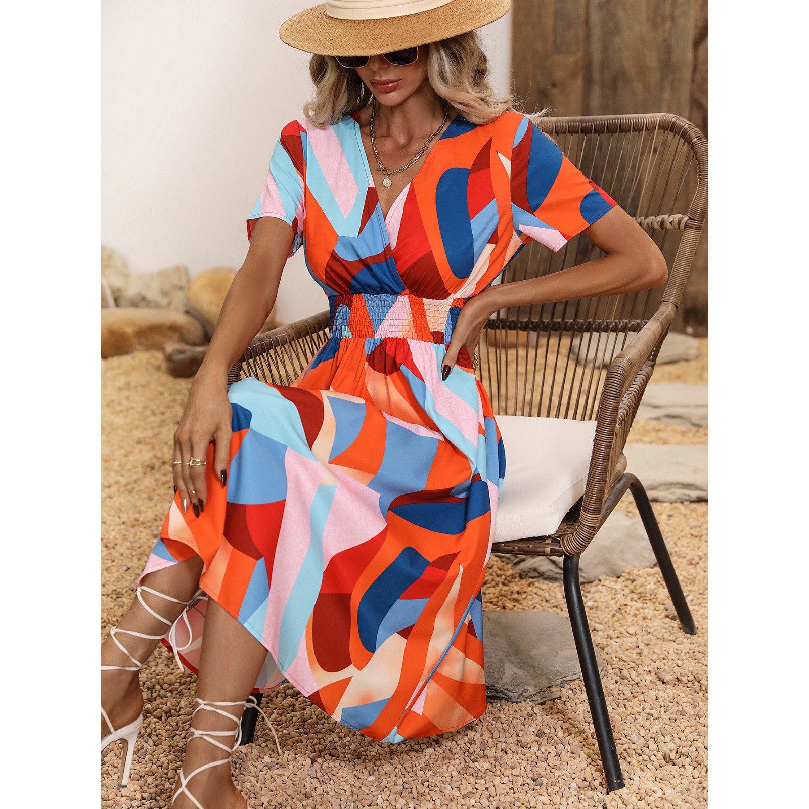 Women's V-Neck Short Sleeve Midi Dress Colorful Geometric Print Vacation Sundress Lightweight Polyester Beach Casual Summer Dress