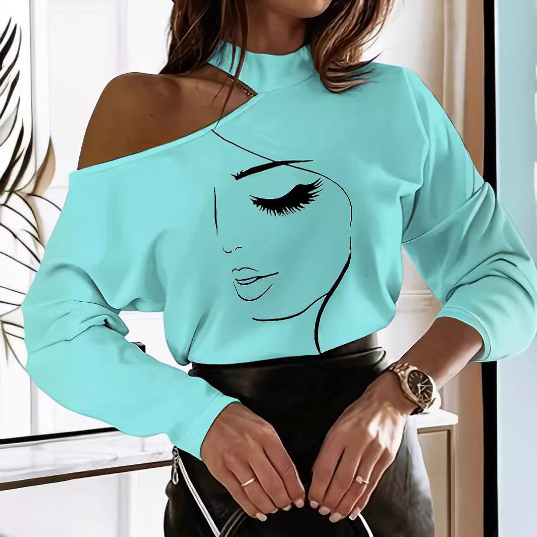 Women's Printed Long Sleeve T-Shirt Round Neck Off-Shoulder Blouse Chic Feminine Top