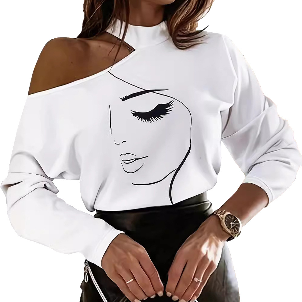 Women's Printed Long Sleeve T-Shirt Round Neck Off-Shoulder Blouse Chic Feminine Top