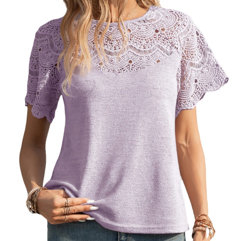 Women's Summer Round Neck Lace Raglan Short Sleeve T-Shirt Loose Fit Soft Breathable Solid Colour Slim Blouse Top for Casual Daily Wear, Travel Outings & Party 