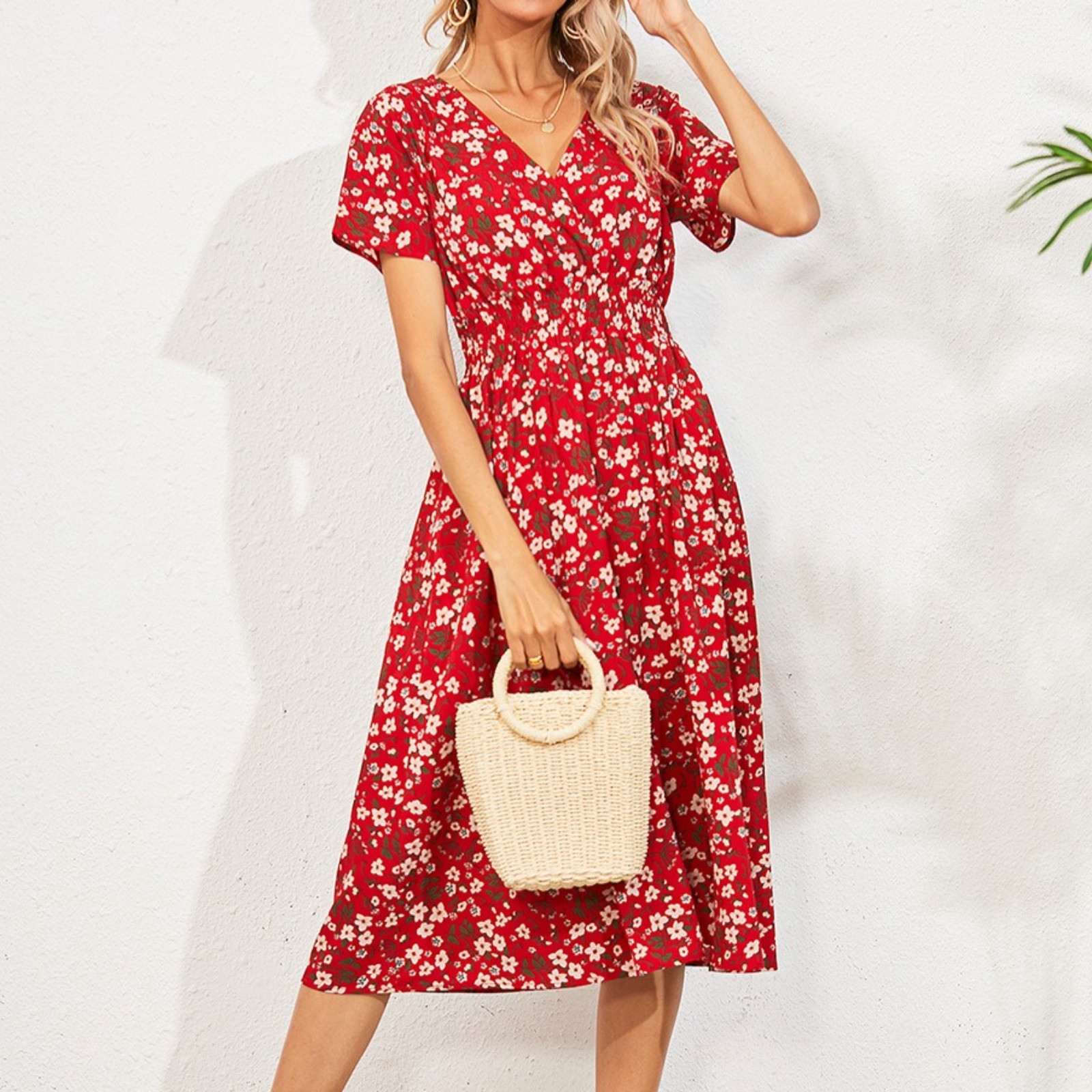 Women's Floral Print V-Neck Short Sleeve Midi Dress Casual Summer Sundress Lightweight Vacation Beach Dress with Elastic Waist