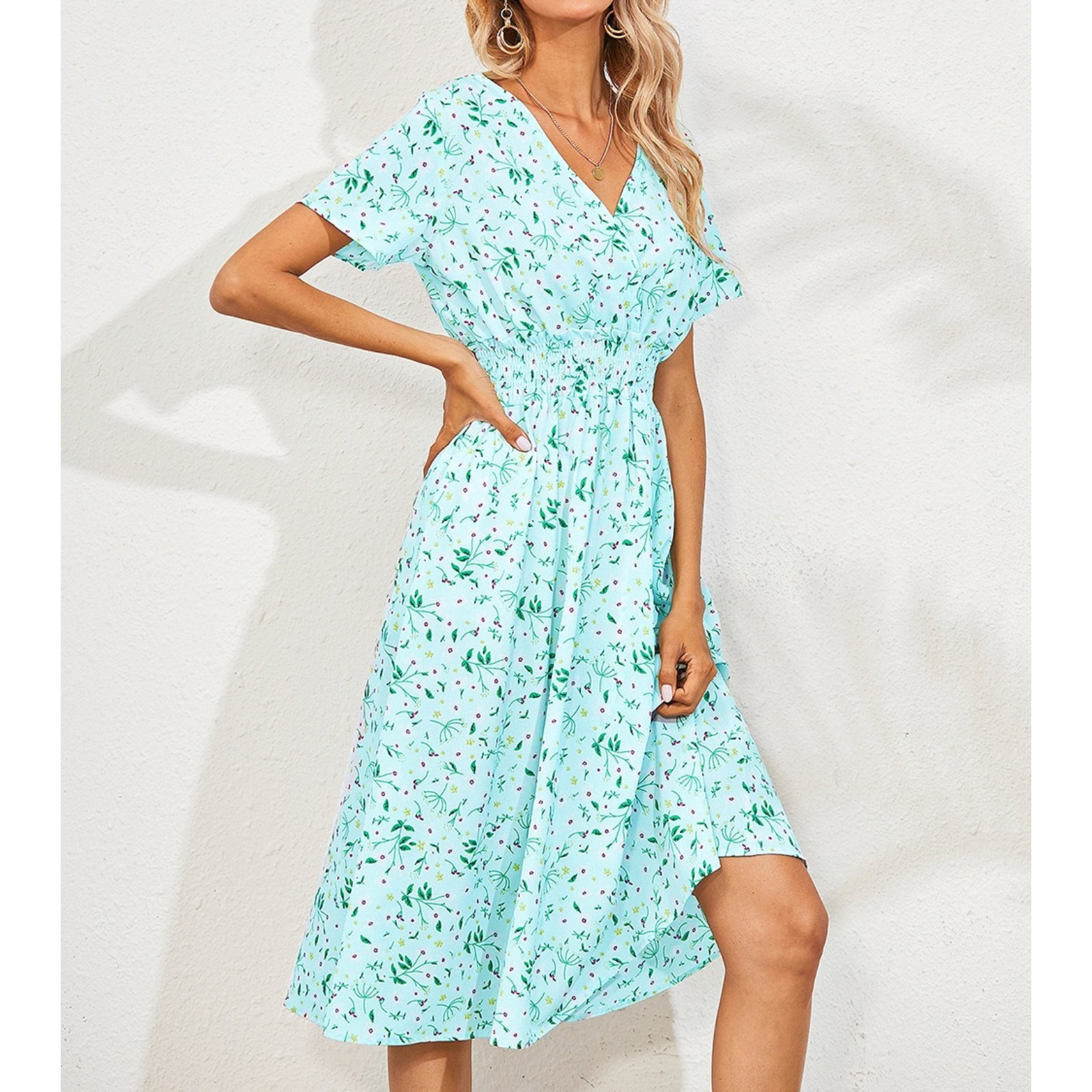 Women's Floral Print V-Neck Short Sleeve Midi Dress Casual Summer Sundress Lightweight Vacation Beach Dress with Elastic Waist