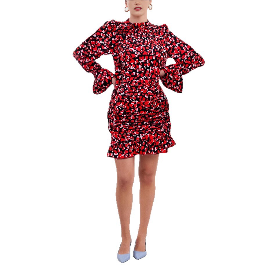 2025跨境外贸 夏季新款优雅印花感设计长袖连衣裙立领包臀裙