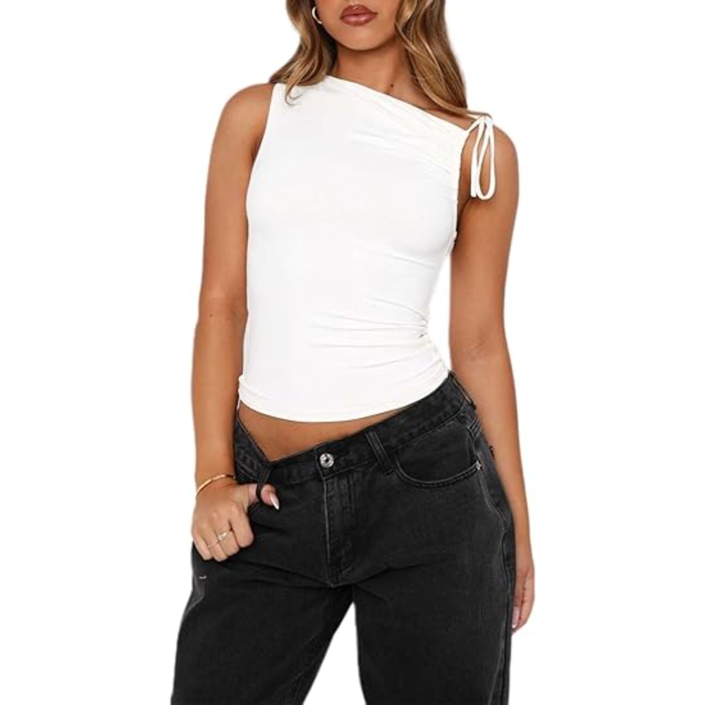 Women's Summer One Shoulder Drawstring Tank Tops Y2K Trendy Asymmetrical Sleeveless Slim Fit Basic Crop Top for Beach Vacation, Street Style & Going Out Outings