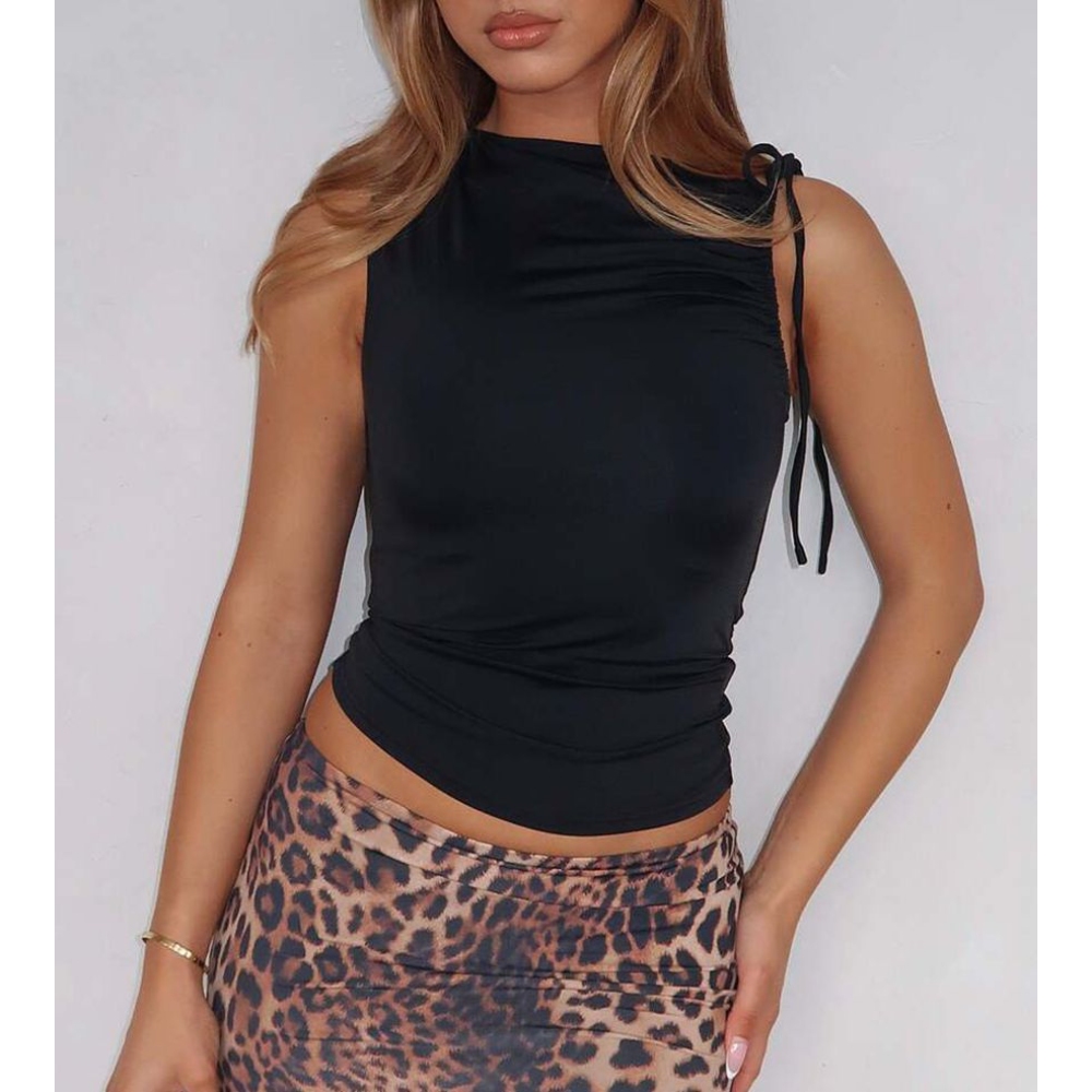 跨境欧美女装亚马逊TK2025夏季Y2K斜领抽绳系带无袖褶皱露脐上衣