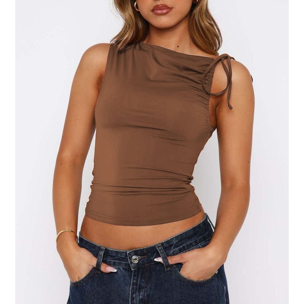 跨境欧美女装亚马逊TK2025夏季Y2K斜领抽绳系带无袖褶皱露脐上衣