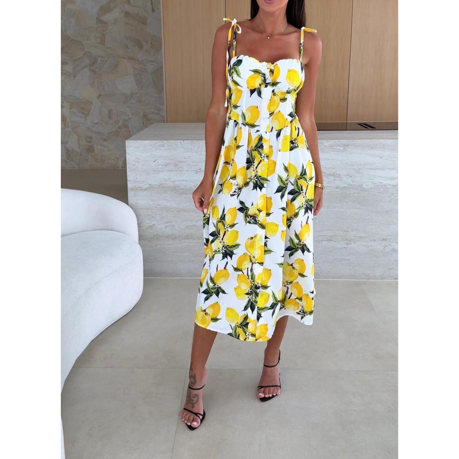 欧美女装夏季新款自带胸垫吊带印花收腰单排扣连衣裙