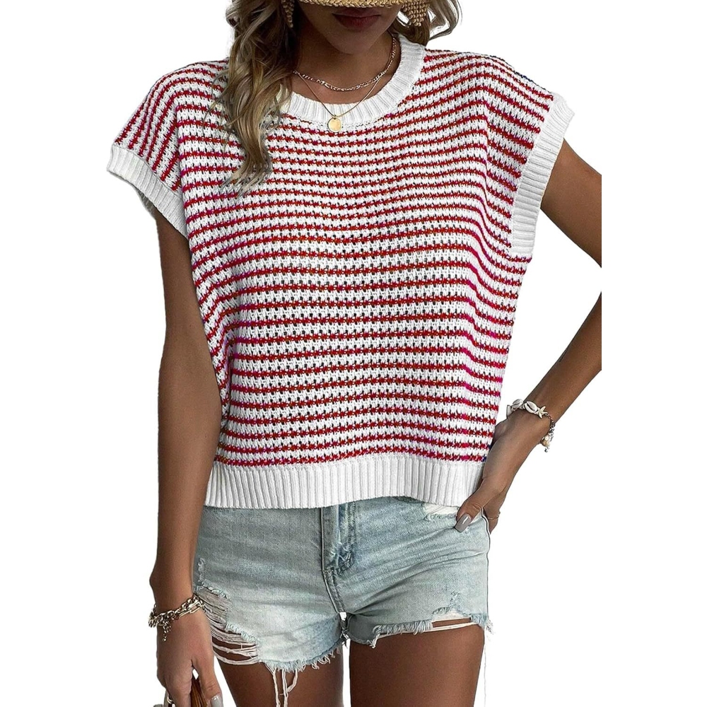 Women's Striped Knit Sweater Vest Lightweight Casual Crew Neck Color Block Batwing Sleeves T Shirt Tops for Streetwear Weekend Daily Chic 2025 Summer Trendy Clothes