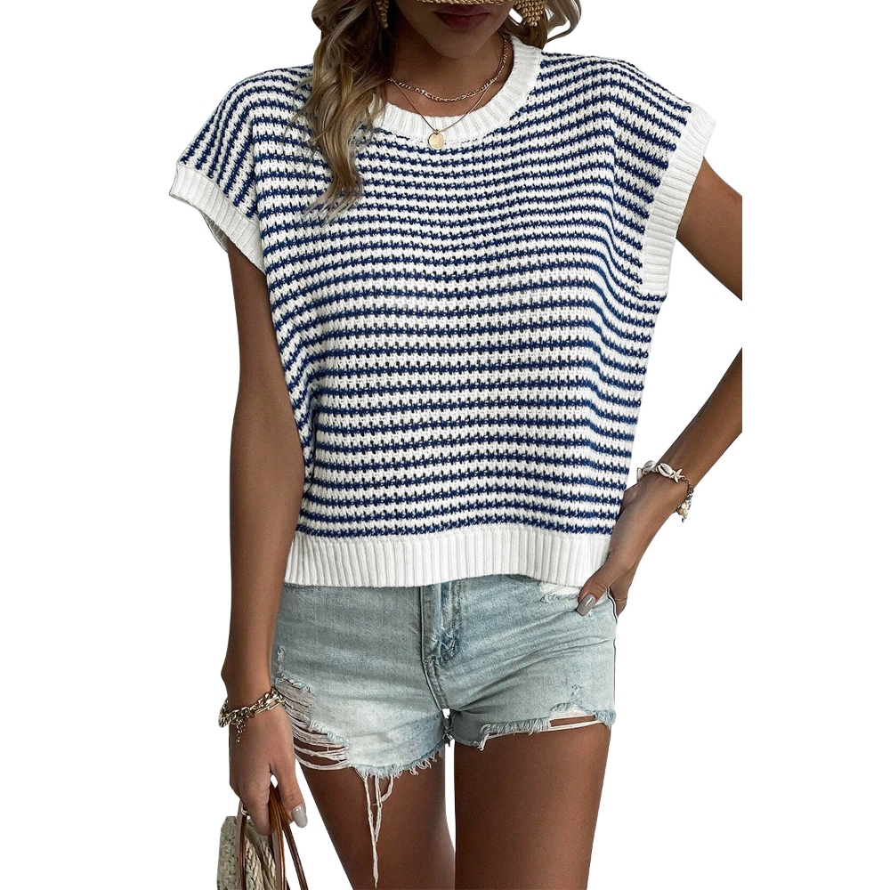 Women's Striped Knit Sweater Vest Lightweight Casual Crew Neck Color Block Batwing Sleeves T Shirt Tops for Streetwear Weekend Daily Chic 2025 Summer Trendy Clothes