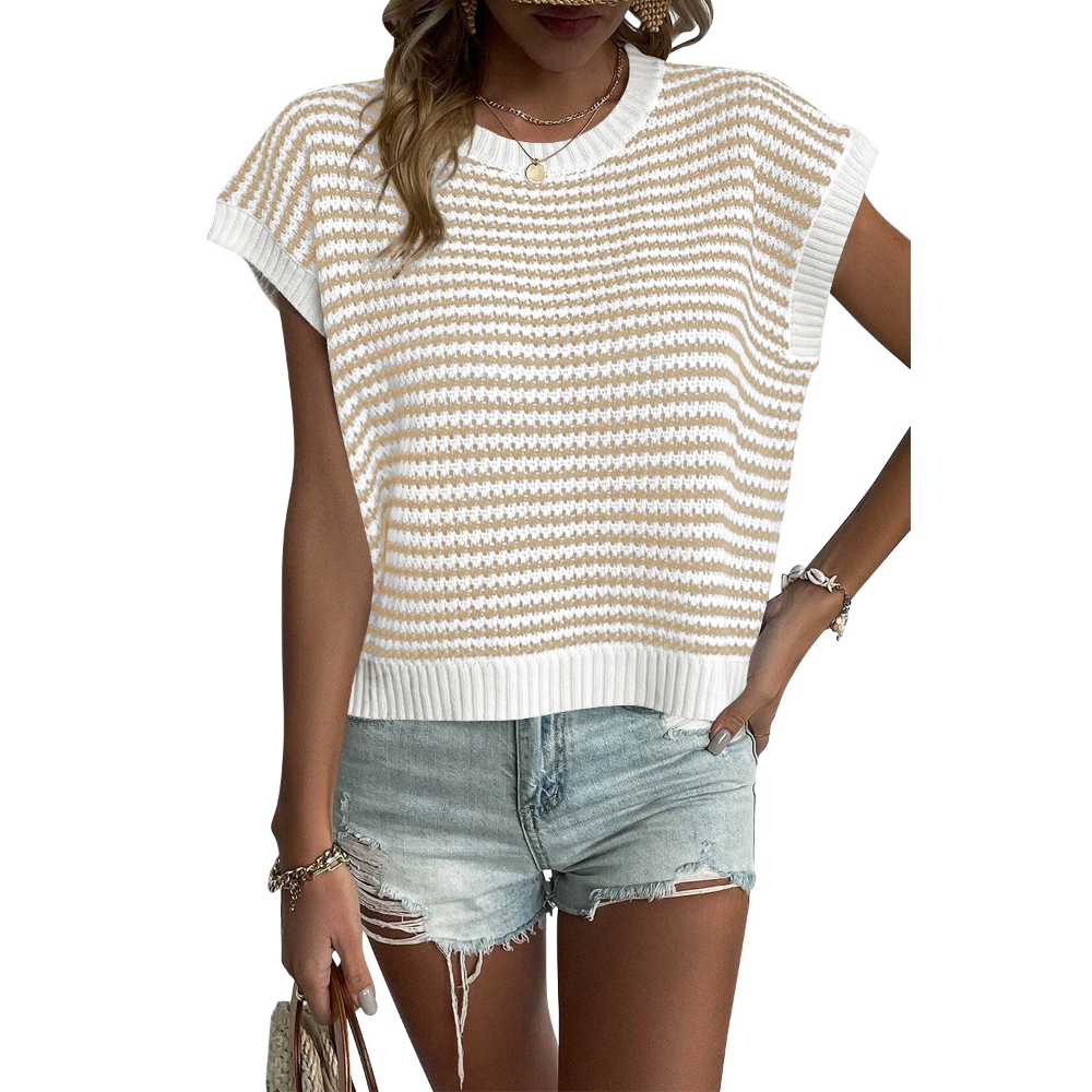 跨境2025亚马逊TK欧美新款时尚条纹针织衫休闲撞色蝙蝠袖圆领毛衣