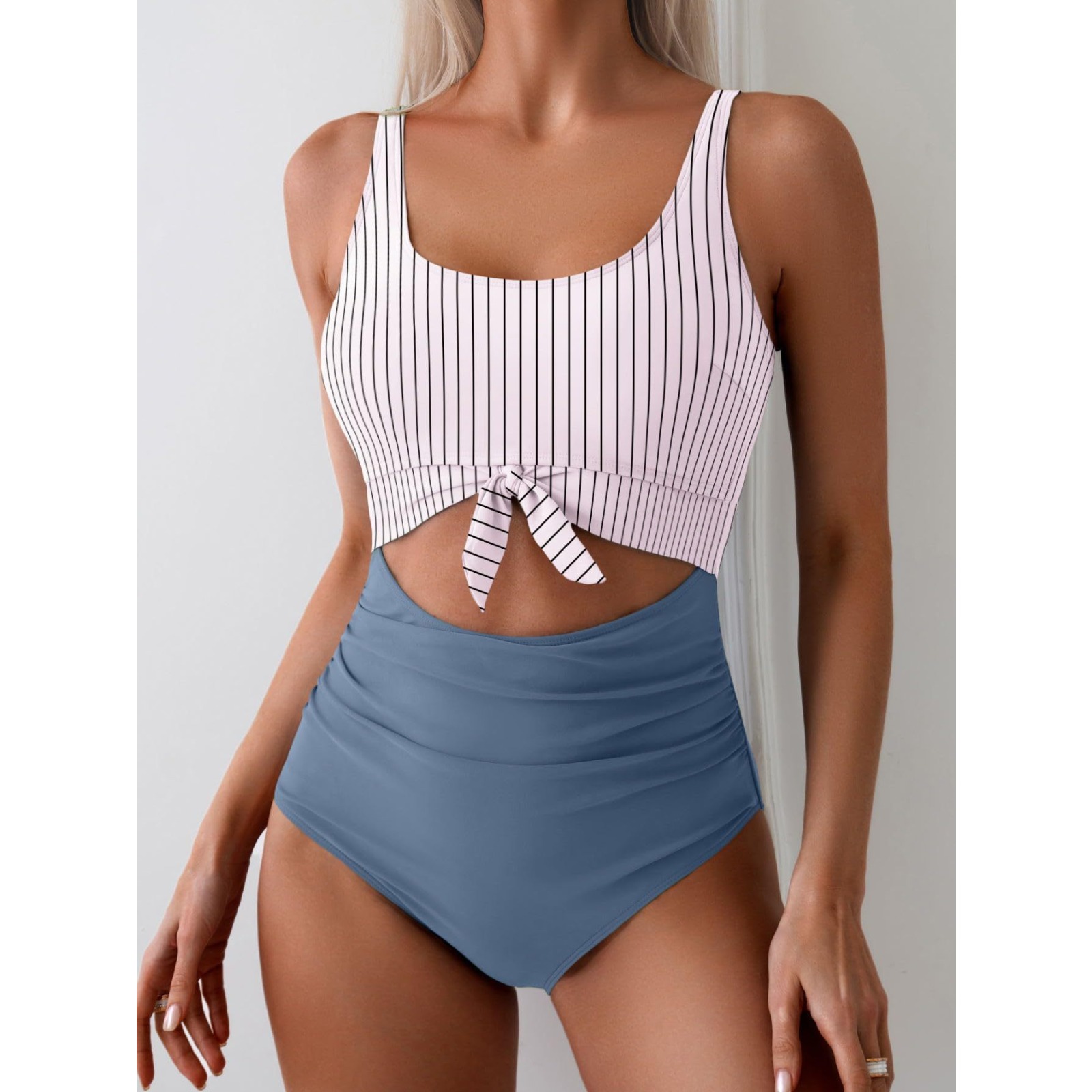 Women's Tummy Control One Piece Swimsuit Adjustable Tie Front Bathing Suit U Back Swimwear Vacation Beach Pool Outfit