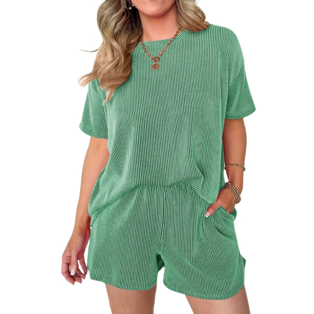 Women's Summer 2 Piece Outfits Short Sleeve Top with Elastic Waistband Shorts Lightweight Lounge Set for Home to Outing Two Piece Outfit Trendy Solid Ribbed Matching Set 