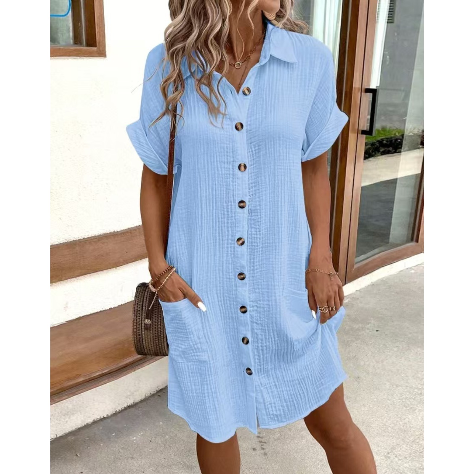 Women's Cotton Shirt Dress Button Down Pocket Dress Above Knee Casual Office Dress Spring Summer Home Outfit Lightweight