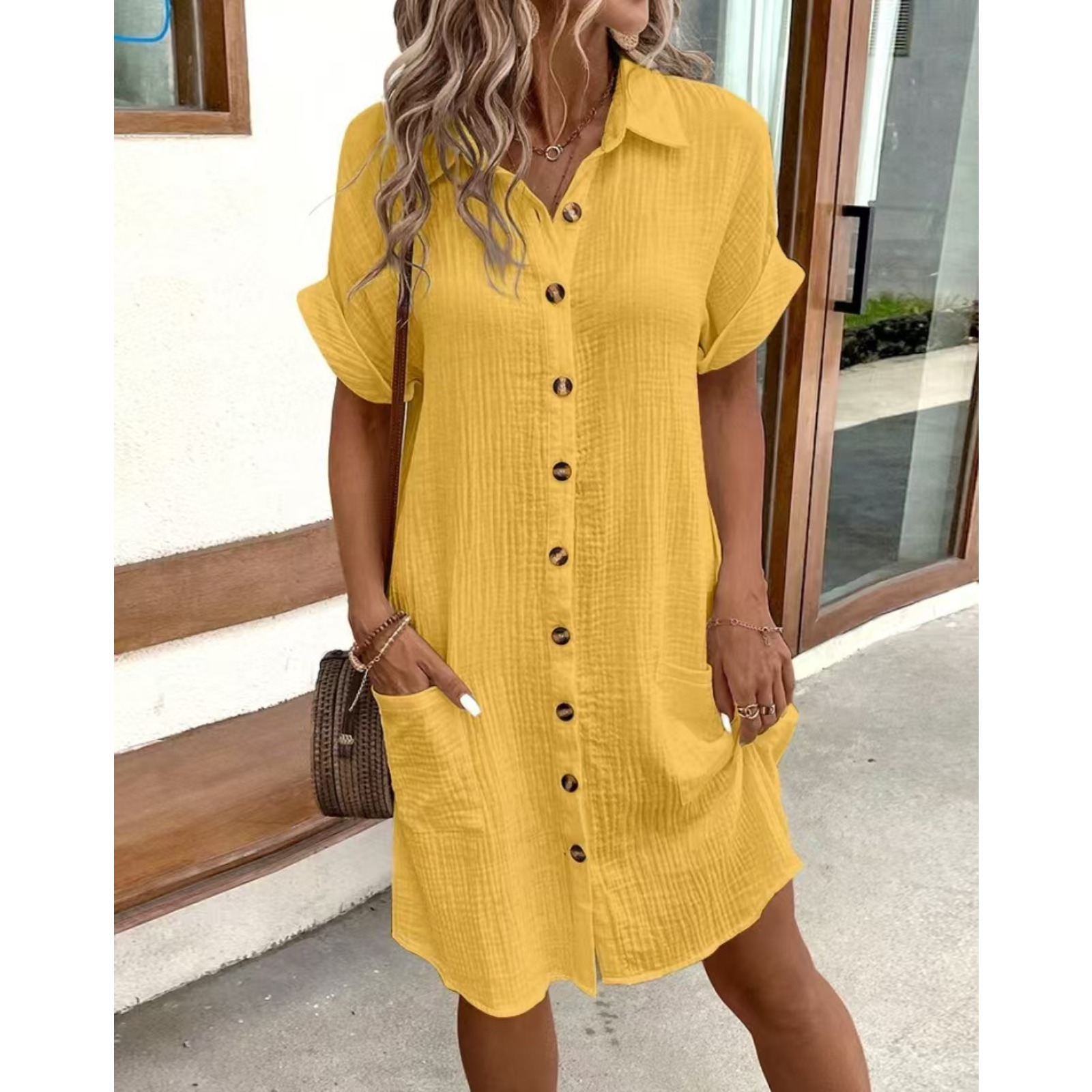 Women's Cotton Shirt Dress Button Down Pocket Dress Above Knee Casual Office Dress Spring Summer Home Outfit Lightweight