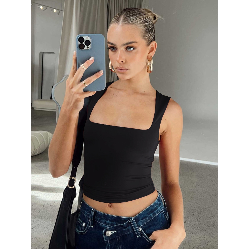 跨境欧美Y2K女装2024夏季亚马逊独立站性感辣妹方领修身无袖背心