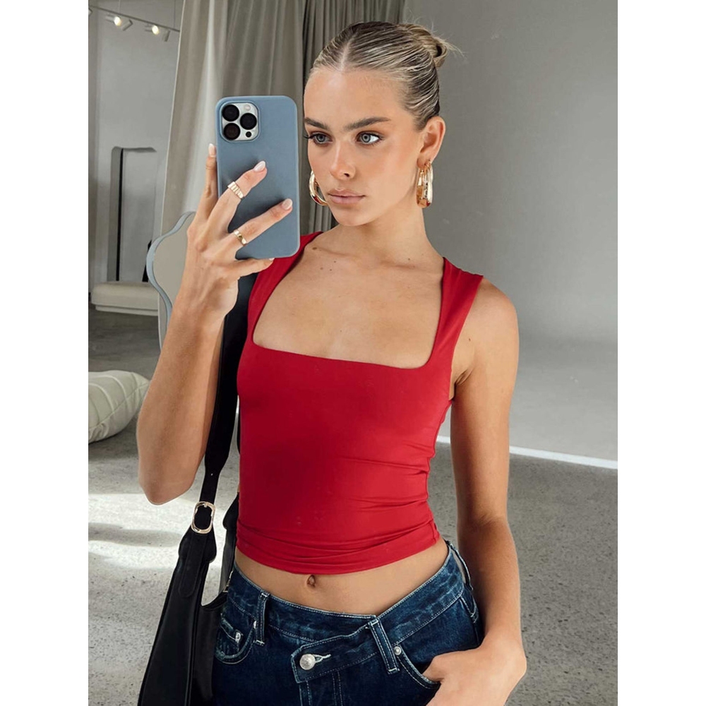 Women's Y2K Sexy Square Neck Sleeveless Crop Tank Top Bodycon Fit Crop Tops for Club Nights Daily Street Style Trendy Basics Top Solid Color Casual Holiday Top
