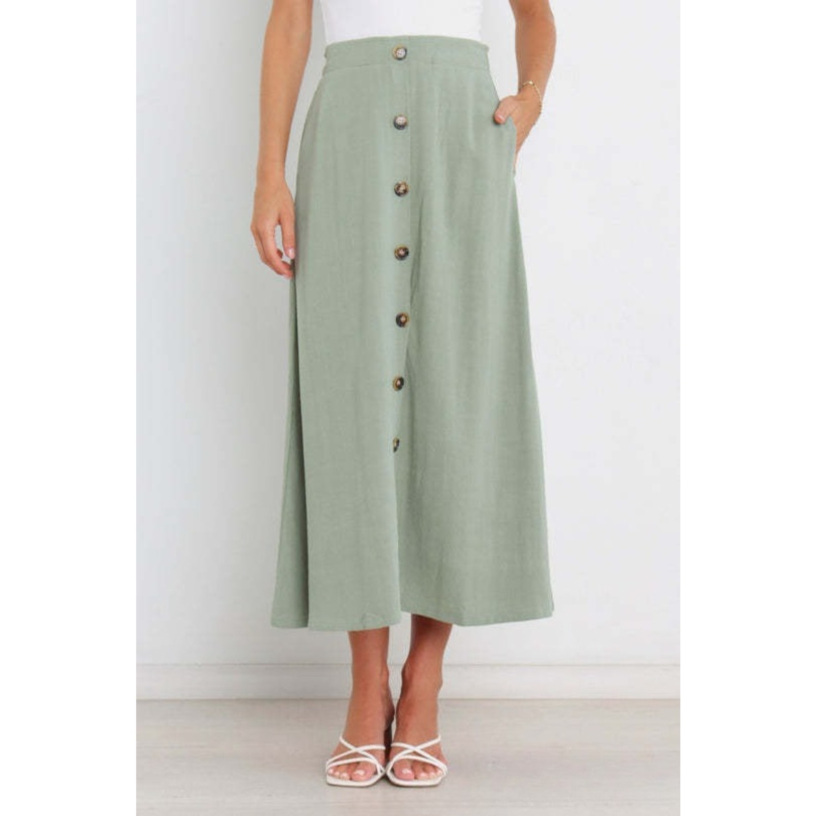 Women's Stretch Pencil Skirt Button Front Elastic Waist Slim Fit Work Skirt Lightweight Polyester Spring Summer Office Casual