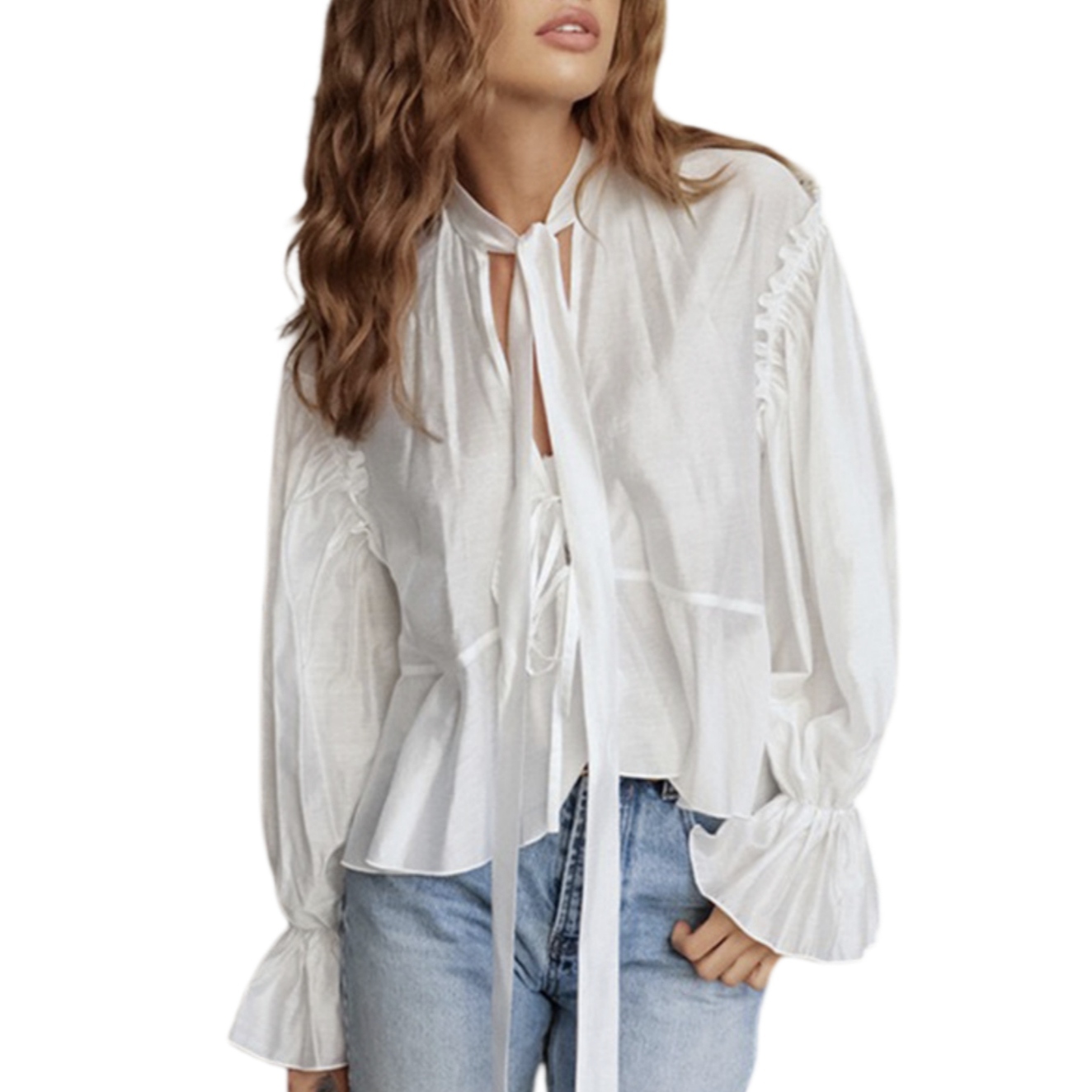 2025法式秋季喇叭袖宽松系带时尚通勤衬衫欧美跨境热销设计感上衣