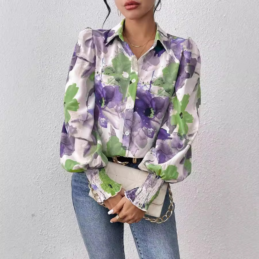 Women's Collared Puff Long Sleeve Loose-Fit Floral Print Blouse Stylish Fashion Shirt