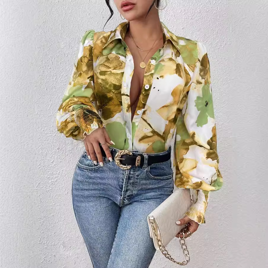 Women's Collared Puff Long Sleeve Loose-Fit Floral Print Blouse Stylish Fashion Shirt