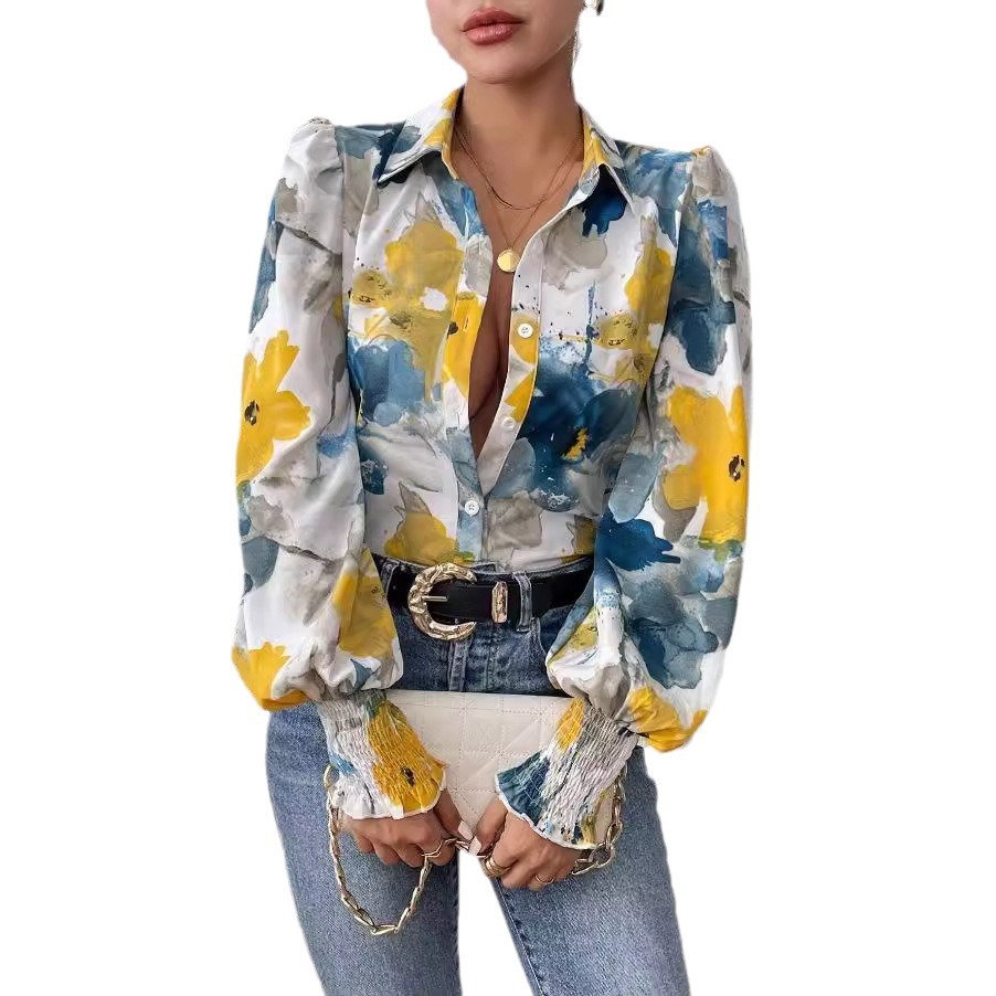 Women's Collared Puff Long Sleeve Loose-Fit Floral Print Blouse Stylish Fashion Shirt