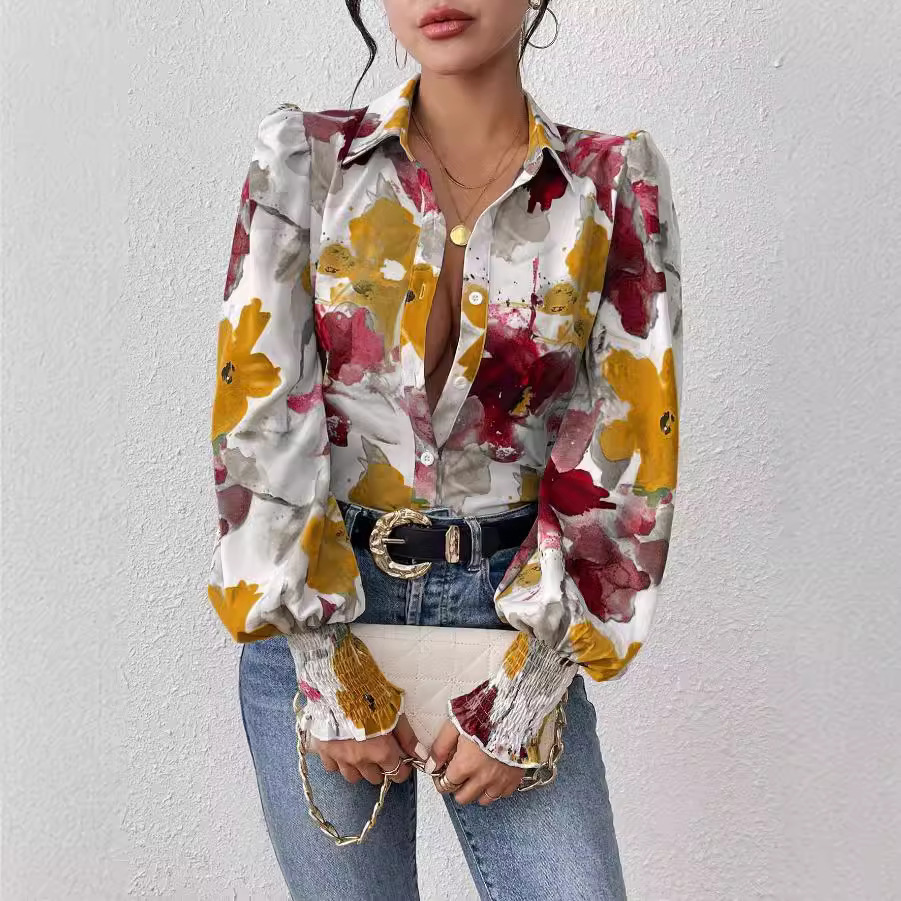 Women's Collared Puff Long Sleeve Loose-Fit Floral Print Blouse Stylish Fashion Shirt