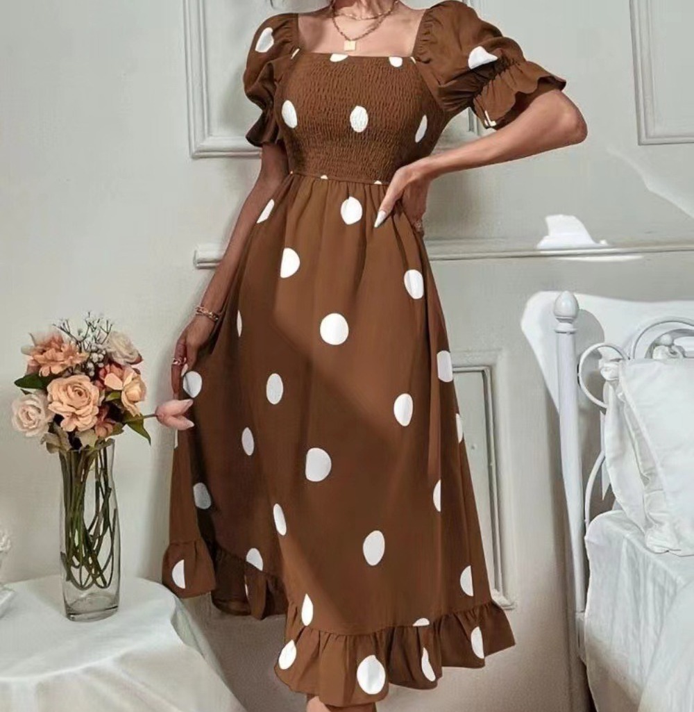 大圆点印花修身甜美荷叶边短袖连衣裙女