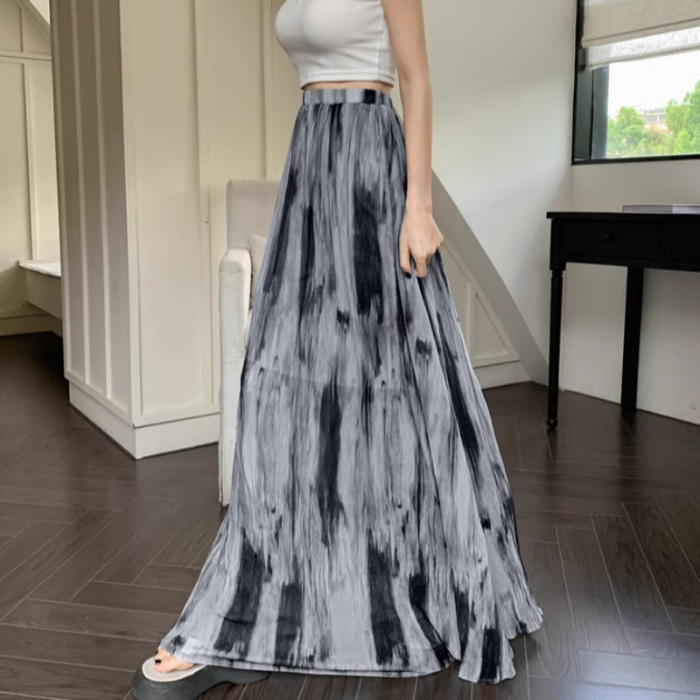 Women's Retro Tie-Dye High-Waisted Maxi Skirt with Flowy Silhouette Bohemian Vacation Style Long Skirt
