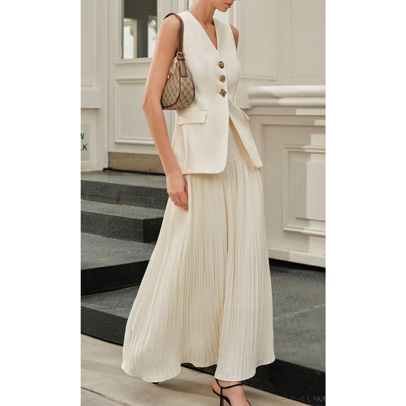 Women's Pleated Panel Midi Skirt Solid Color Polyester Office Skirt High Waist Casual Elegant Commute Skirt Spring Summer