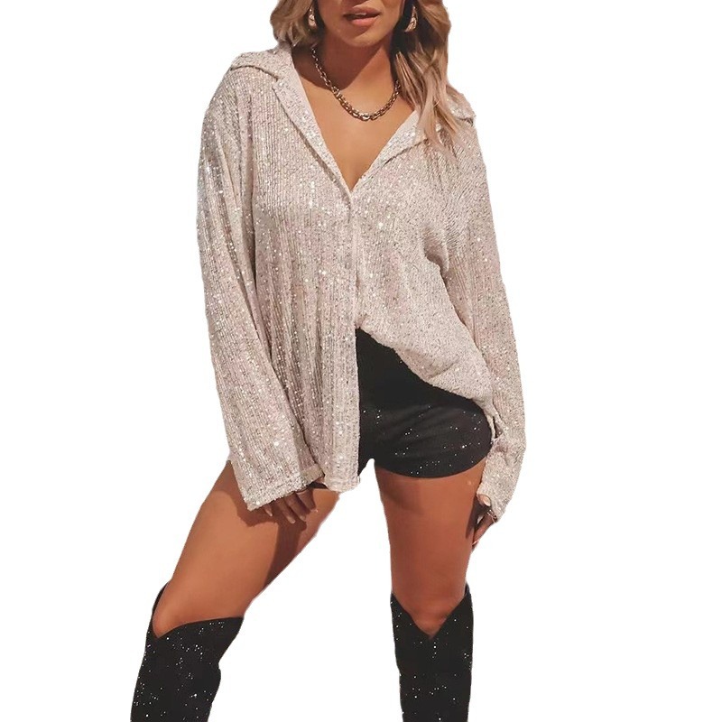 时尚亮片长袖翻领气质休闲衬衫