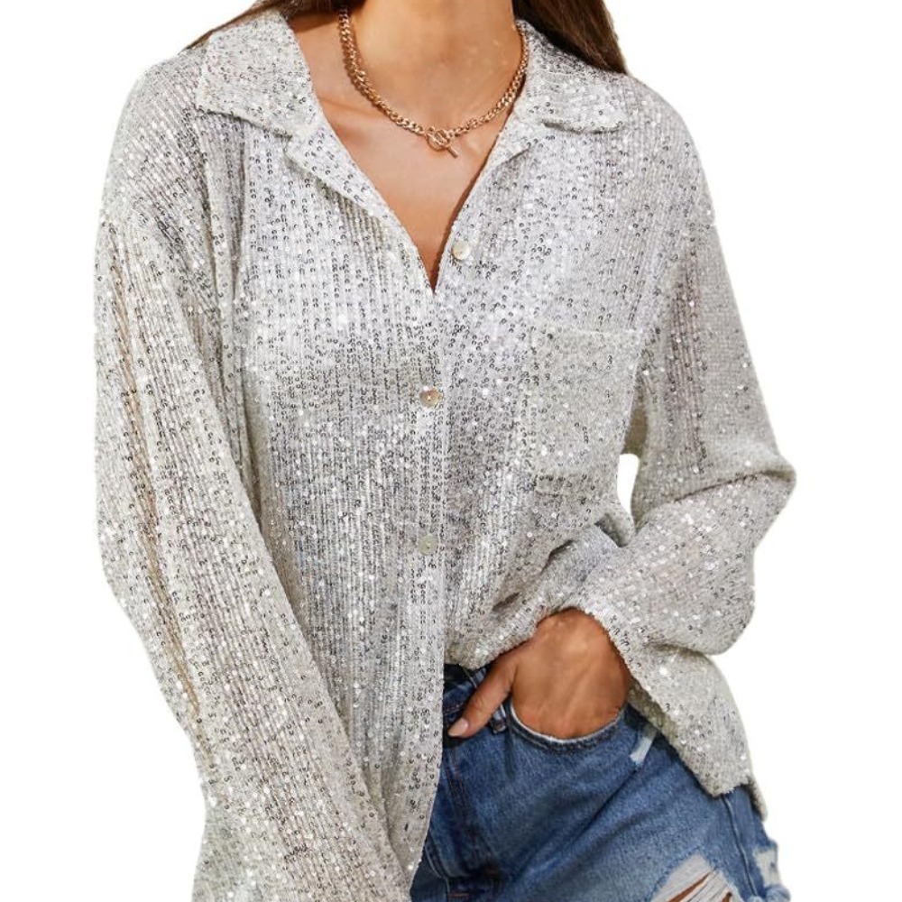 时尚亮片长袖翻领气质休闲衬衫