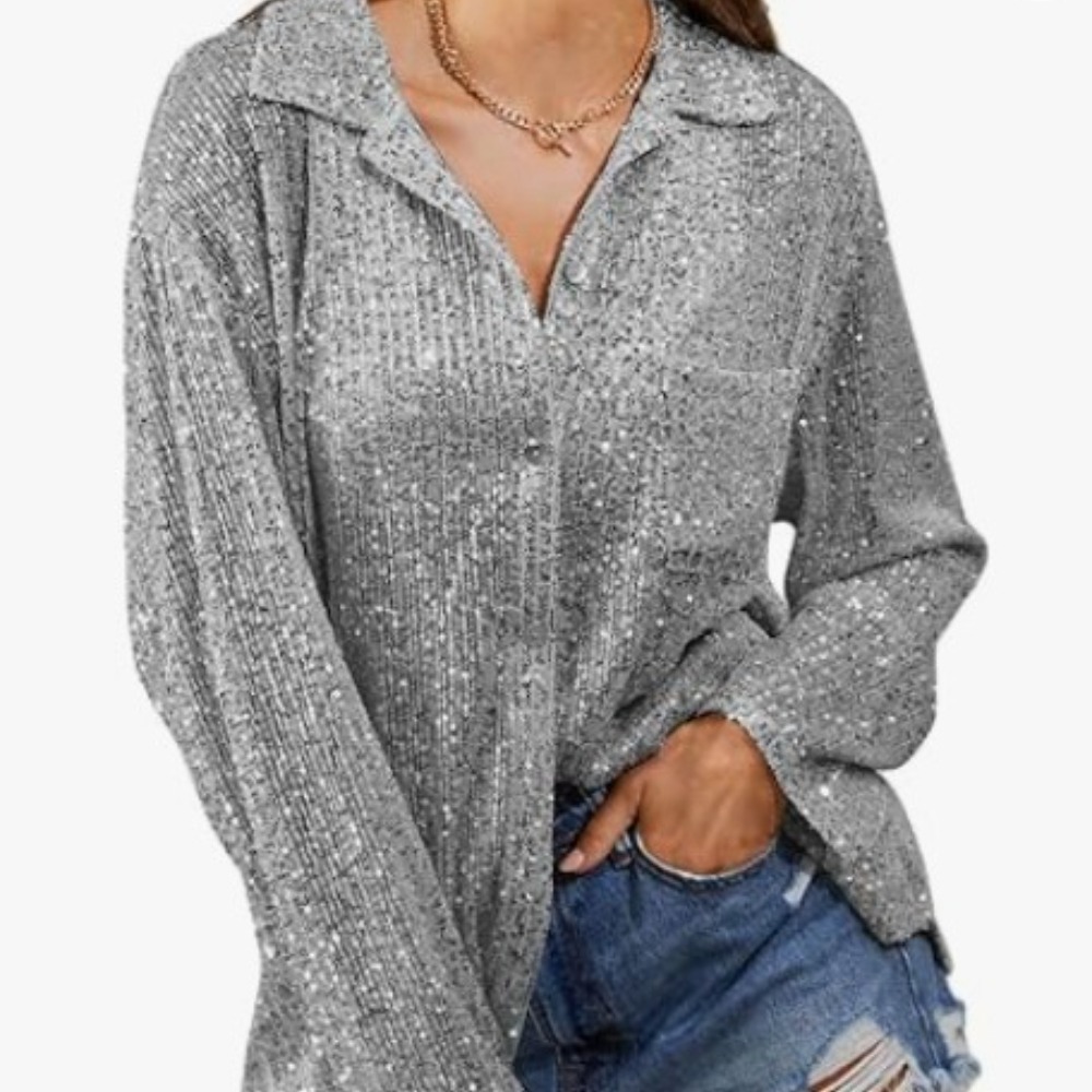 时尚亮片长袖翻领气质休闲衬衫