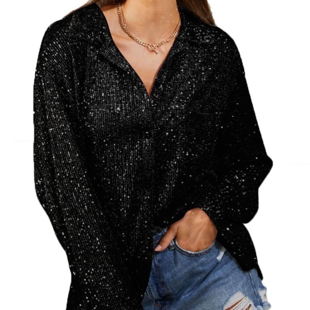 时尚亮片长袖翻领气质休闲衬衫