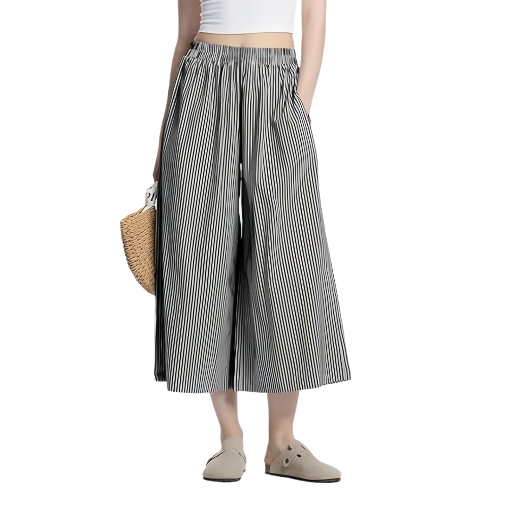 欧美跨境高腰秋季新款大码口袋条纹阔腿裤裙宽松休闲裤子优雅