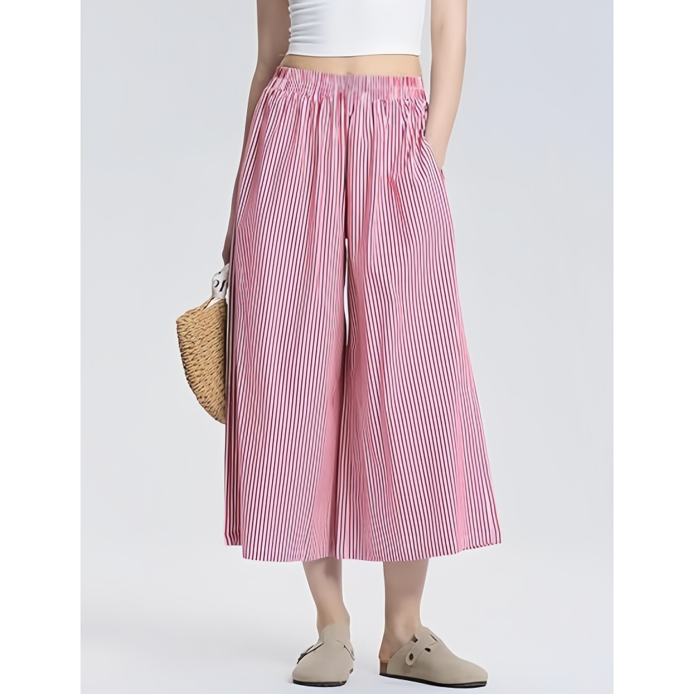 欧美跨境高腰秋季新款大码口袋条纹阔腿裤裙宽松休闲裤子优雅