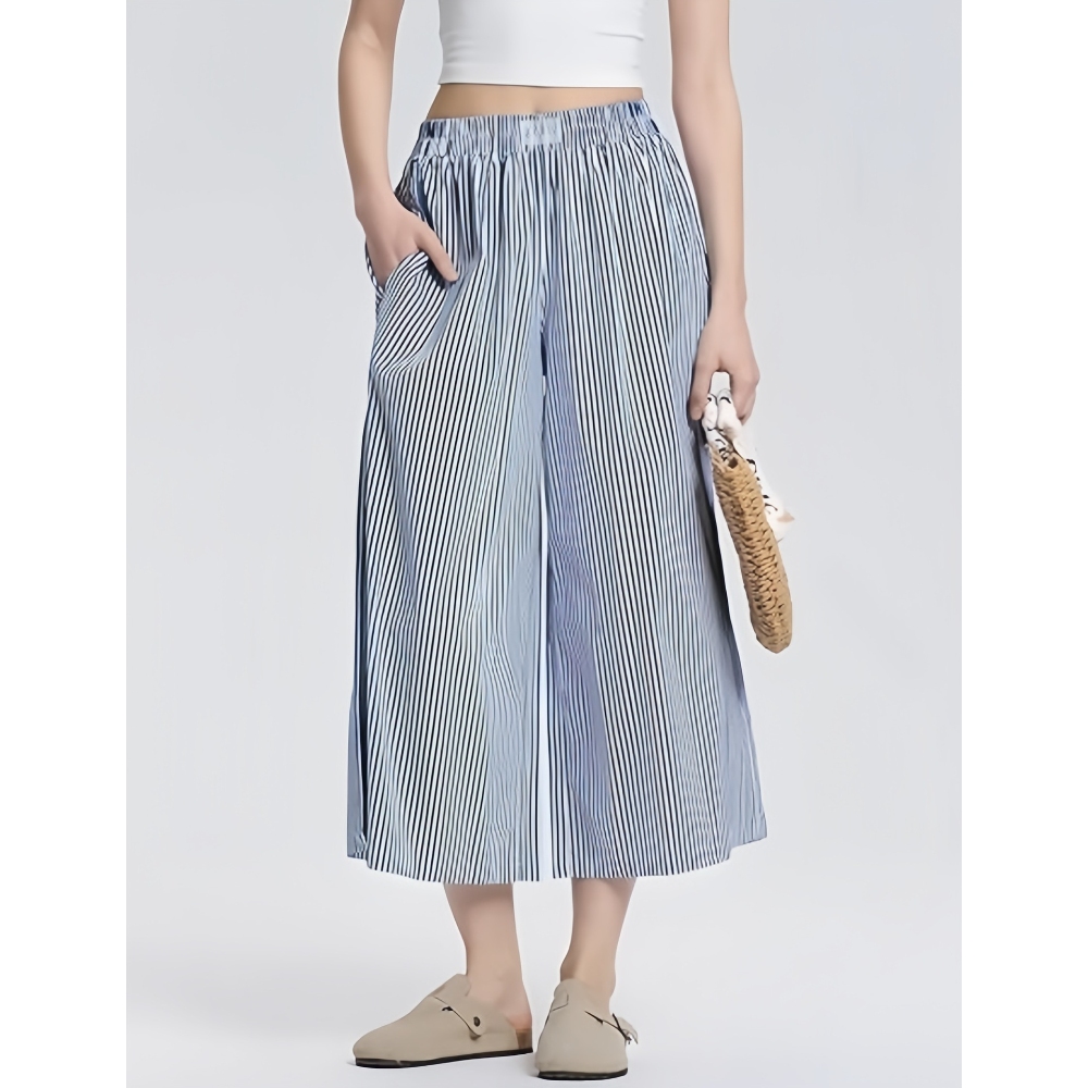 Women's Summer Striped Wide Leg Pants Elastic High Waist Loose Fit Trousers Capri Pants with Pockets, Elegant Casual Palazzo Pants for Office, Weekend Outings & Daily Wear