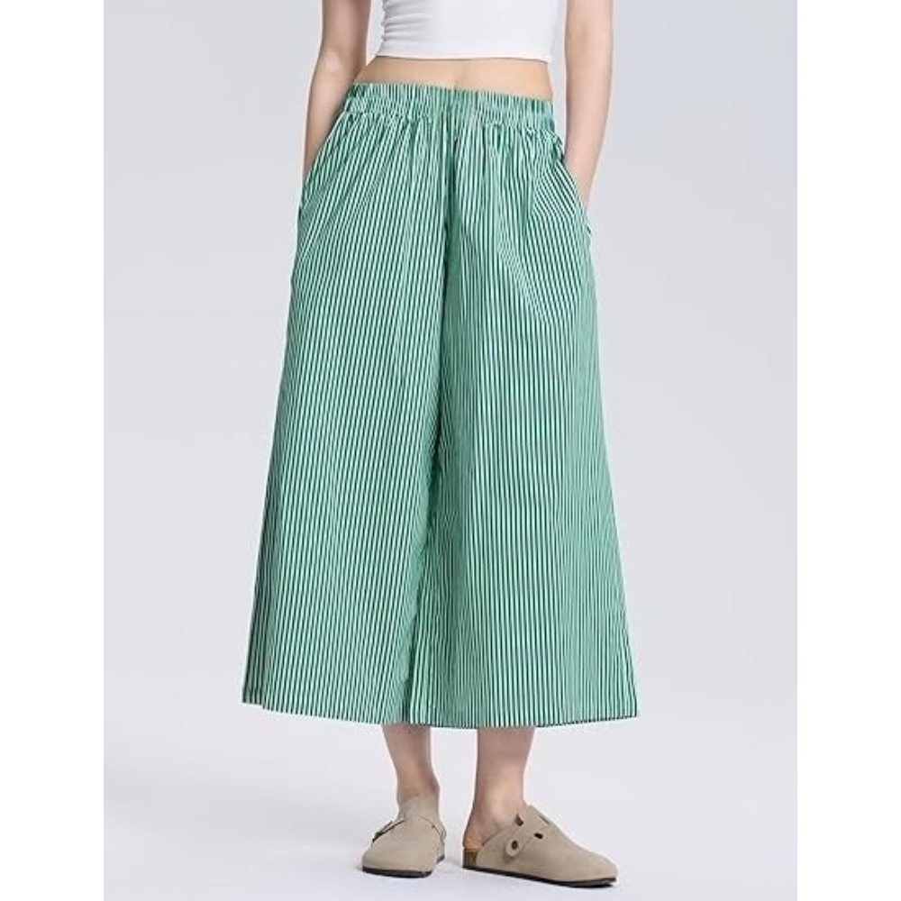 Women's Summer Striped Wide Leg Pants Elastic High Waist Loose Fit Trousers Capri Pants with Pockets, Elegant Casual Palazzo Pants for Office, Weekend Outings & Daily Wear