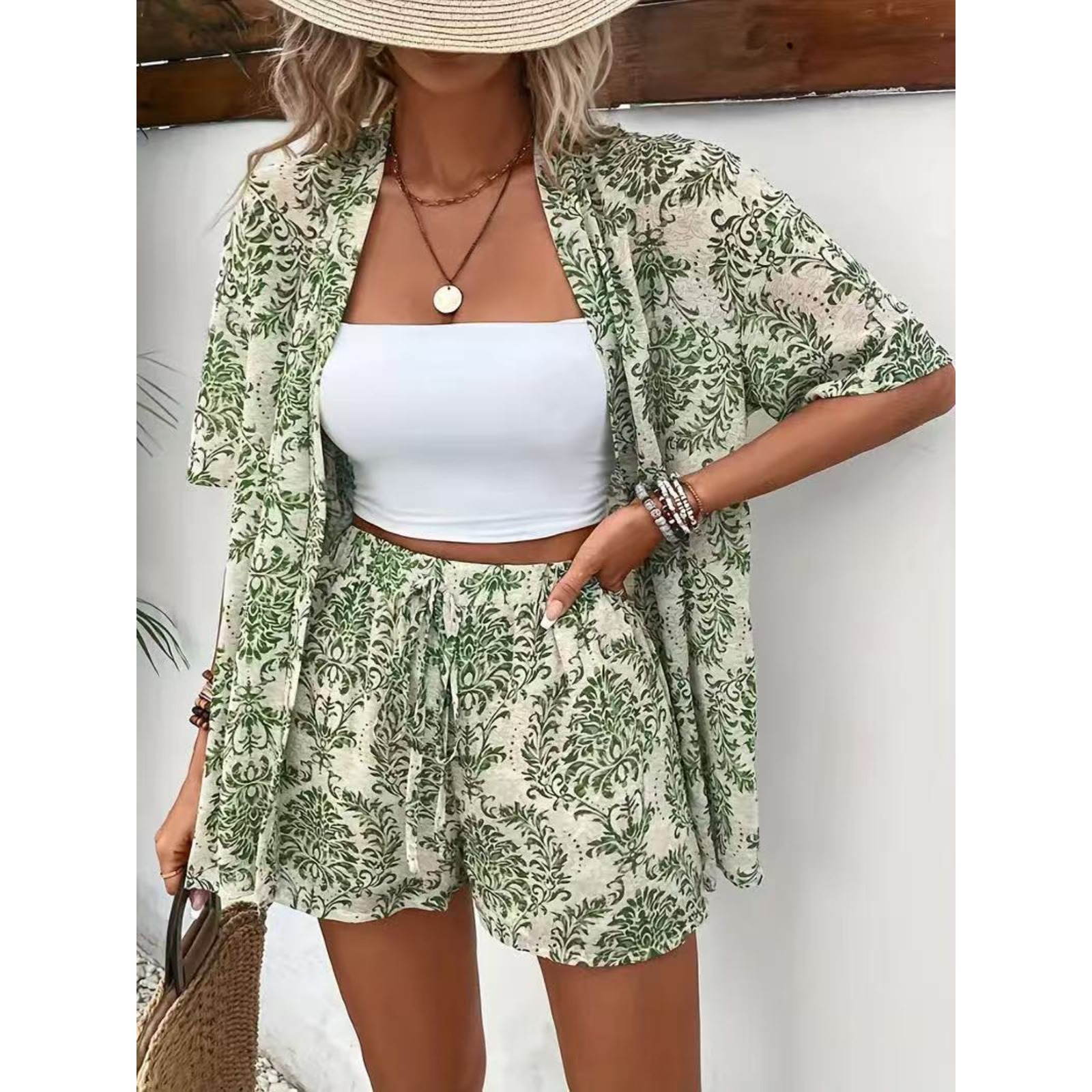 Women's Printed Vacation Two Piece Set Short Sleeve Tie Front Shirt + High Waist Tie Waist Shorts Beach Outfit