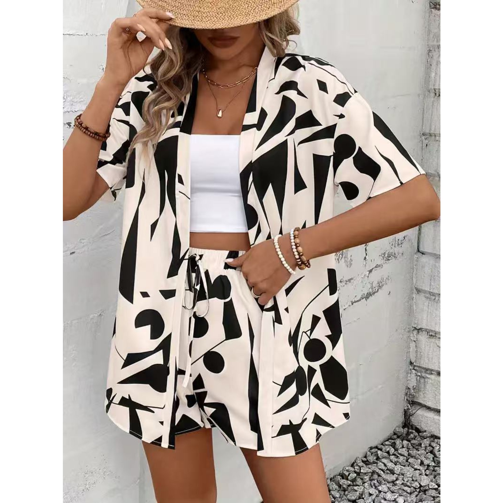 度假印花优雅两件套衬衣短袖上衣系带高腰短裤