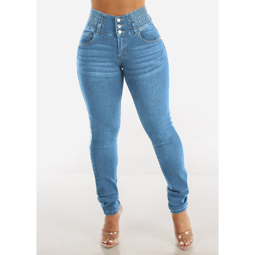Women's Skinny Stretch Butt Lifting Jeans Slim Smocked High Waist Button Pencil Pants Tummy Control Slimming Flare Leg Denim Trousers for Daily & Office Wear, Solid Color Vintage Style Jeans